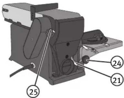 Technical diagram of a mechanical device with numbered components labeled 21, 24, and 25