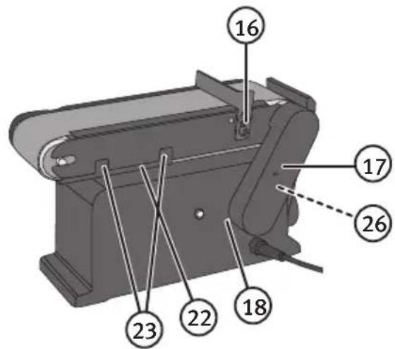 Technical diagram of a mechanical device with numbered components labeled 16, 17, 18, 22, 23, and 26.