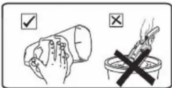 Safety warning illustration showing hand holding a cup and a cross symbol indicating no smoking or fire