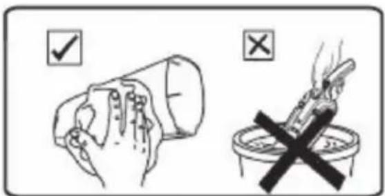 Safety warning illustration showing hand holding a device with checkmark and cross symbol indicating no protection