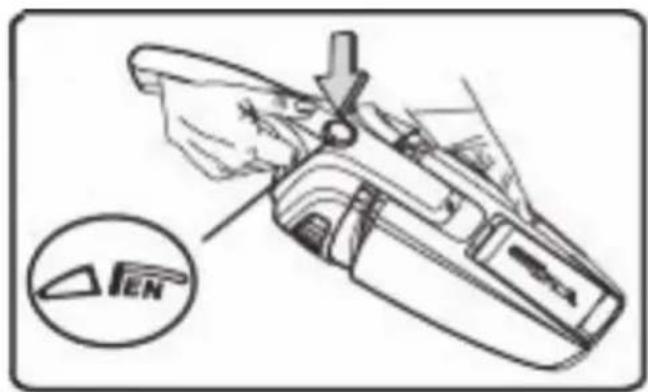 Technical diagram of a handheld device with a magnified inset showing a warning symbol and 'EN' label.