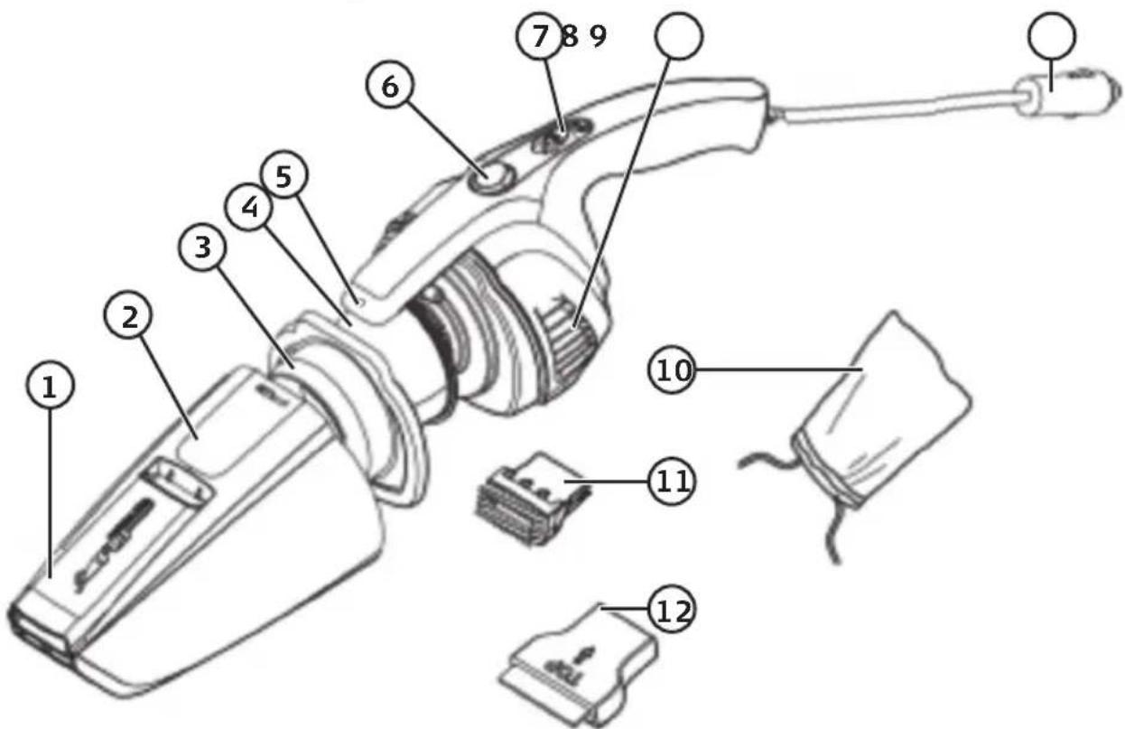 Technical diagram of a handheld device with numbered parts for identification