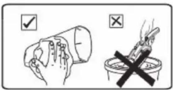 Safety warning illustration showing hand holding megaphone and fire extinguisher with checkmark and cross symbols