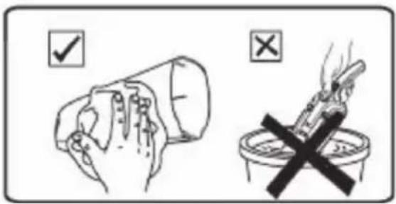 Safety warning illustration showing hand holding a device and fire extinguisher with checkmark and cross symbols