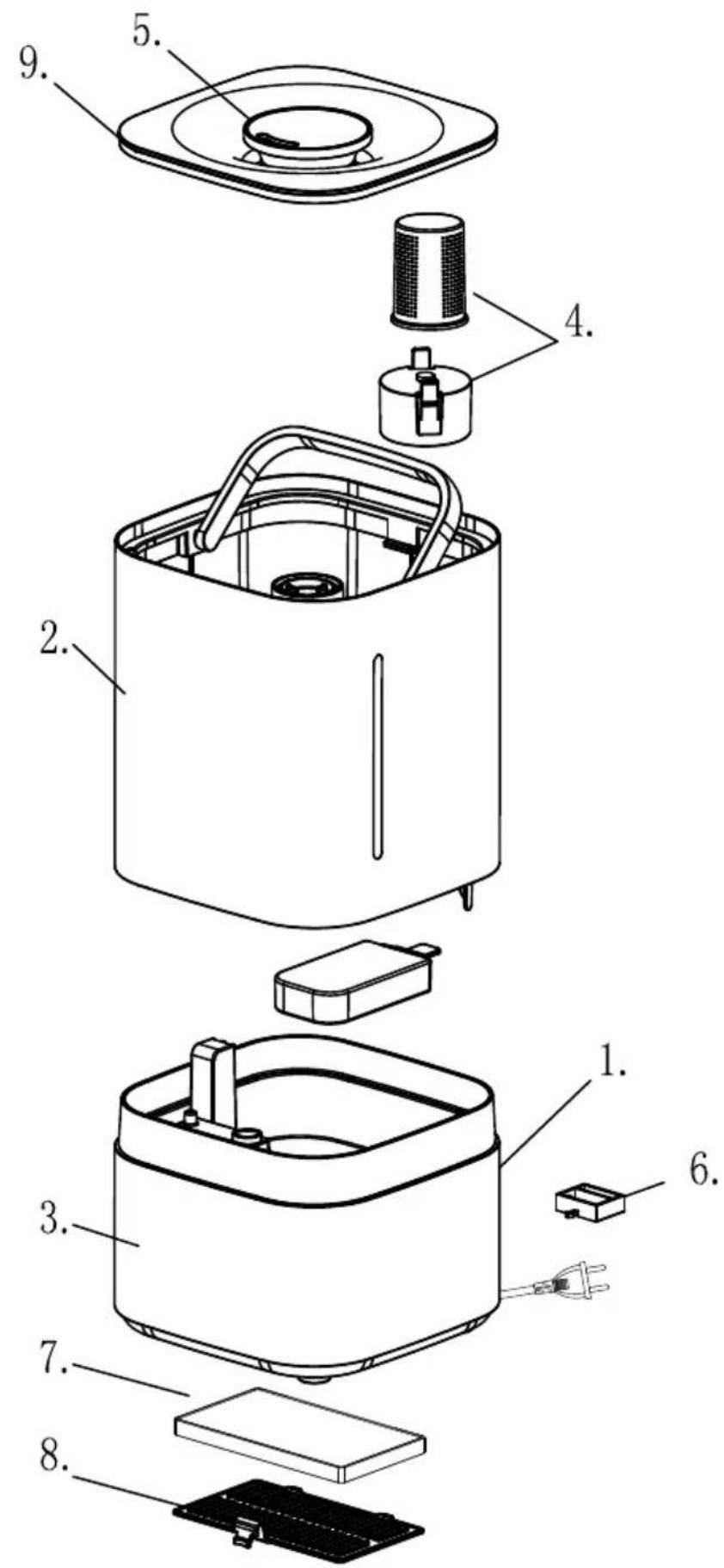 Exploded view diagram of a microwave oven with numbered parts for identification