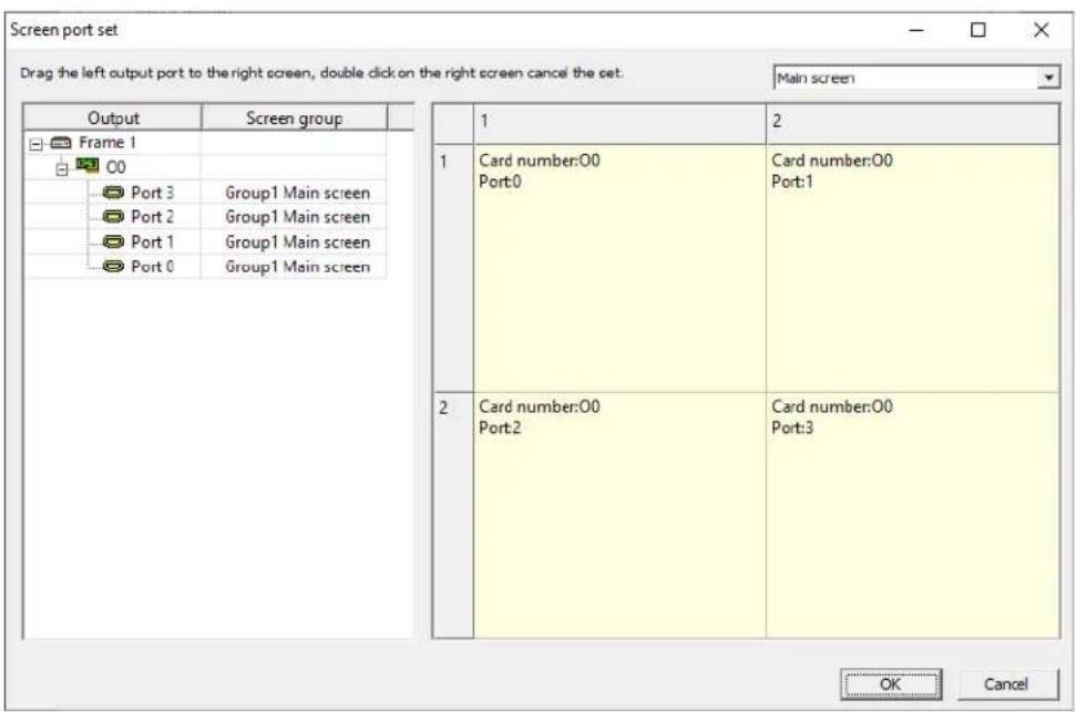 Screen port set Drag the left output port to the right screen, double click on the right screen cancel the set. Main screen Output Screen group Frame 1 00 Port 3 Group1 Main screen Port 2 Group1 Main screen Port 1 Group1 Main screen Port 0 Group1 Main screen 1 2 Card number:00 Card number:00 Port:0…