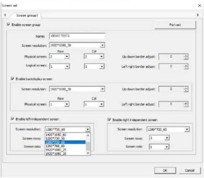Screen set 4 Screen group1 Enable screen group Name: VIEW2 TEST2 Screen resolutions: 1920*1080_30 Physical screen: 2 Col Logical screen: 1 1 Up down border adjust: 0 Left right border adjust: 0 Enable backdisplay screen Screen resolution: 1920*1080_30 Physical screen: 1 Col Up down border adjust: 0…