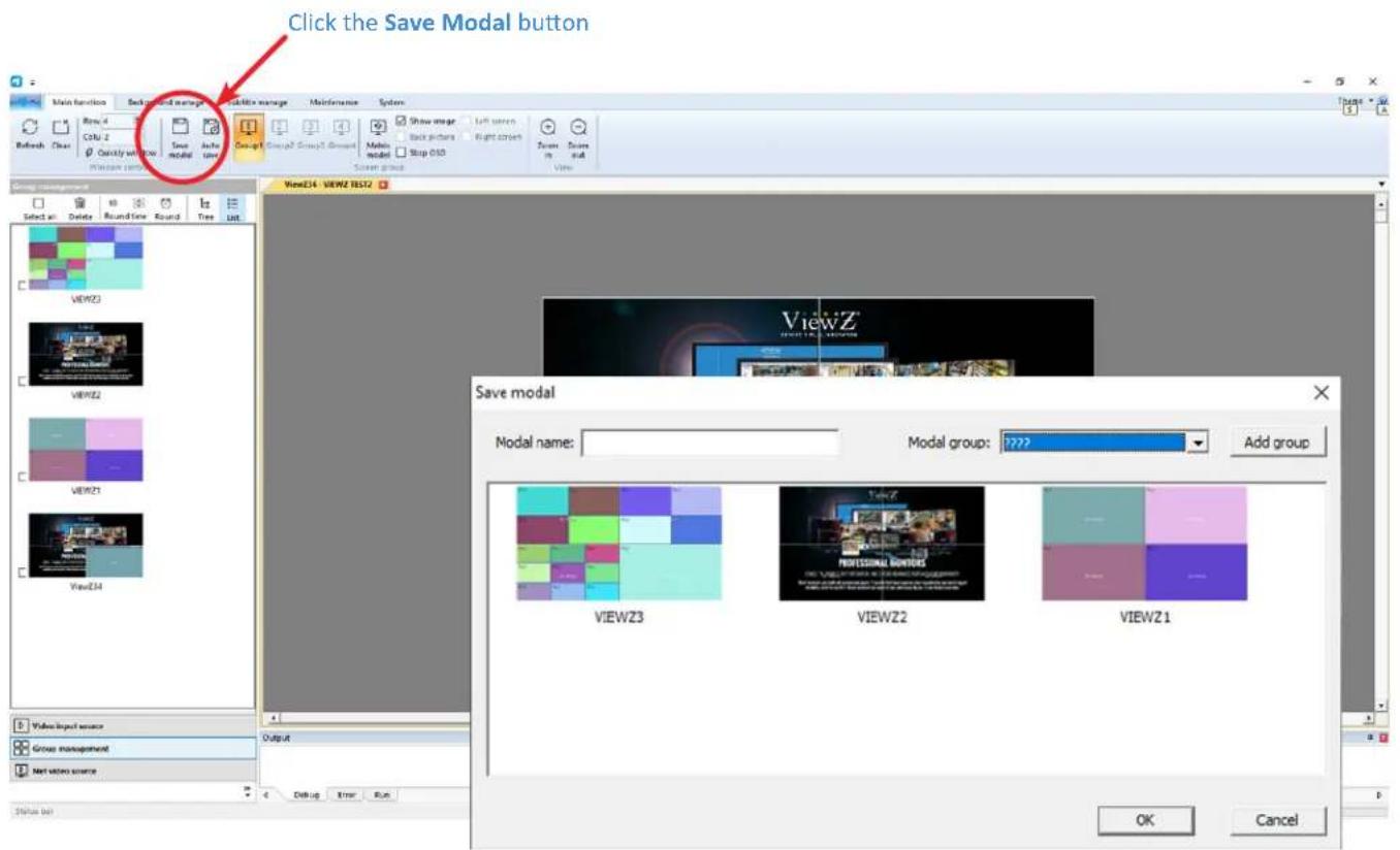Click the Save Modal button Main function Back view manager Available manage Maintenance System Refresh Clear View 4 View 2 Show image Auto view Group1 Group2 Group3 Show image Left screen Back picture Right screen Main model Stop DISD Down in Down out View ViewZ14 - VIEWZ15072 Select all Delete Rou…
