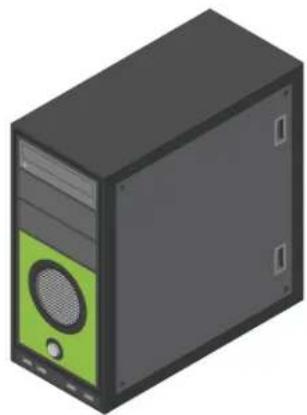 Isometric illustration of a desktop computer tower with green and black casing (no text or symbols)