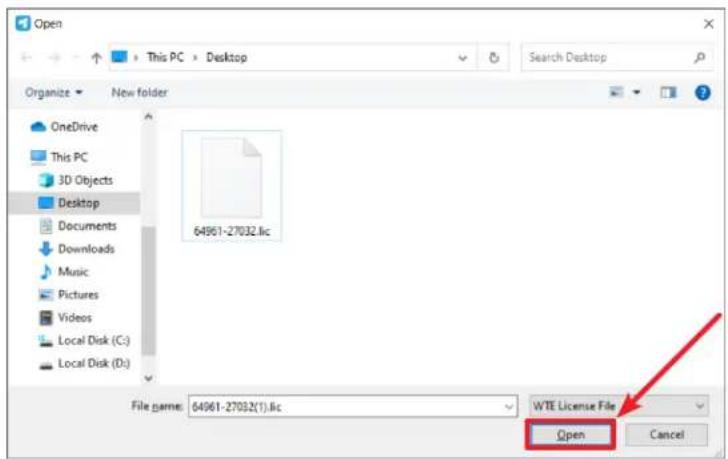 Open This PC > Desktop Organize New folder OneDrive This PC 3D Objects Desktop Documents Downloads Music Pictures Videos Local Disk (C:) Local Disk (D:) 64961-27032.lic File name: 64961-27032(1).lic WTE License File Open Cancel