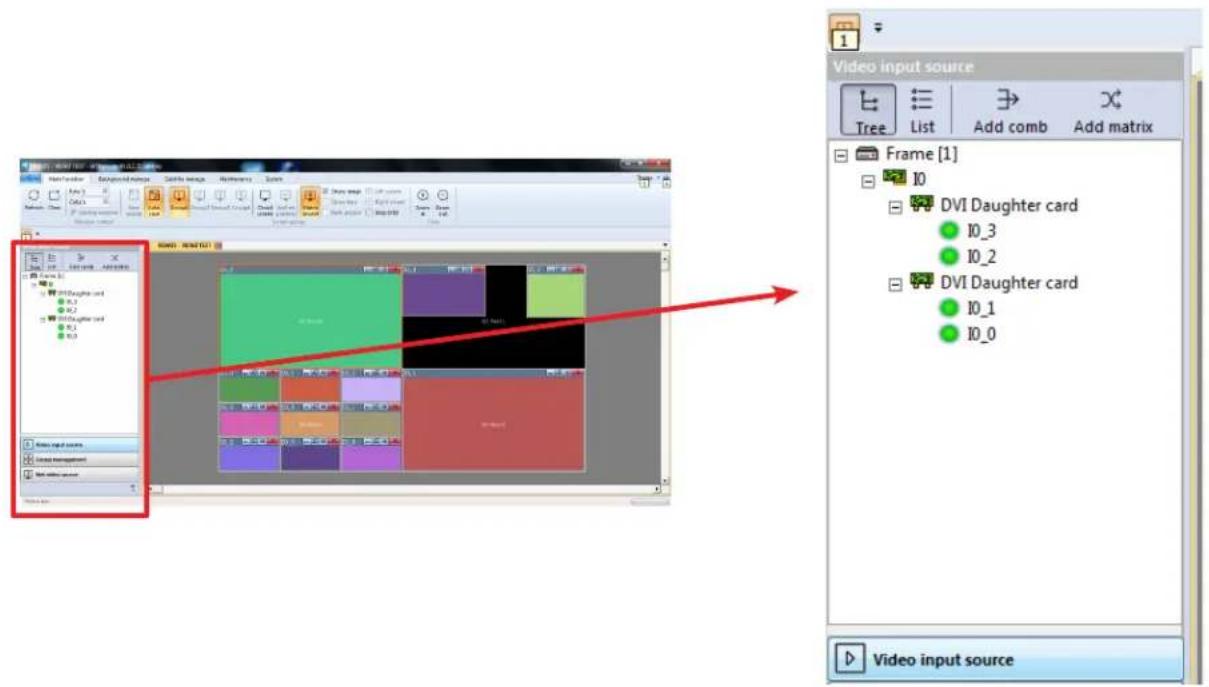 Video input source Tree List Add comb Add matrix Frame [1] ID DVI Daughter card ID_3 ID_2 DVI Daughter card ID_1 ID_0 Video input source Video management Video source