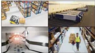 Four-panel collage showing warehouse scenes: forklift in inventory, automated loading of pallets, and worker carrying goods inside a storage facility (no visible text or symbols)