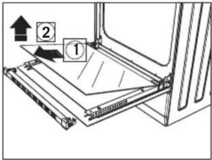 Diagram showing a mechanical assembly with numbered components and directional arrows indicating motion or assembly.