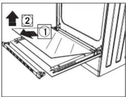 Diagram showing a mechanical assembly with labeled components and directional arrows indicating movement or force.