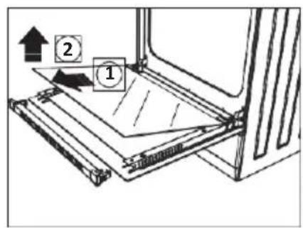Diagram showing a mechanical assembly with labeled components 1 and 2, indicating directional movement or assembly steps.