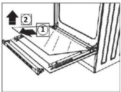 Diagram showing a mechanical assembly with labeled components 1 and 2, indicating directional movement or assembly steps.