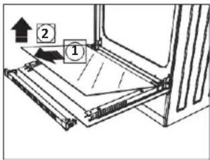 Diagram showing a mechanical assembly with labeled components 1 and 2, indicating directional movement or assembly steps.