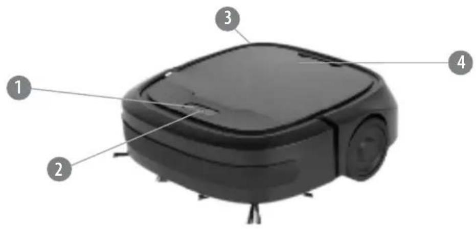 Labeled diagram of a robotic vacuum cleaner with numbered parts for identification.