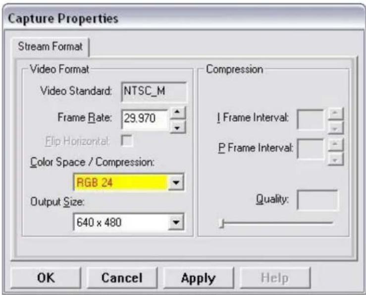 Capture Properties Stream Format Video Format Video Standard: NTSC_M Frame Rate: 29.970 Flip Horizontal: Color Space / Compression: RGB 24 Output Size: 640 x 480 Compression I Frame Interval: P Frame Interval: Quality: OK Cancel Apply Help