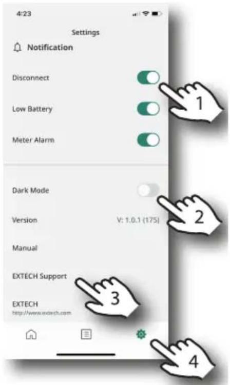 4:23 Settings Notification Disconnect Low Battery Meter Alarm Dark Mode Version V: 1.0.1 (175) Manual EXTECH Support EXTECH http://www.exitech.com