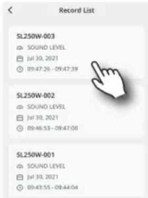 Record List SL250W-003 SOUND LEVEL Jul 30, 2021 09:47:26 - 09:47:39 SL250W-002 SOUND LEVEL Jul 30, 2021 09:48:53 - 09:47:00 SL250W-001 SOUND LEVEL Jul 30, 2021 09:43:55 - 09:44:04