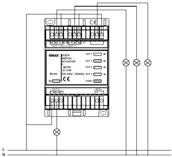 NC NO C NC ND C NC NO C OUT 1 OUT 2 OUT 3 VIMAR D1974 SWITCH ACTUATOR μ +16A 0 3.5A By-me 120-230V- 50/60Hz OUT 4 CE CONF. OUT 4 BUS F NO NC L N