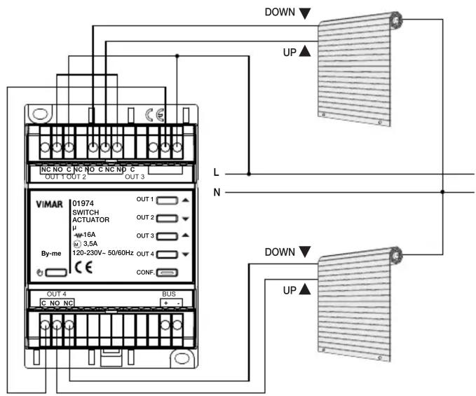 DOWN UP L N VIMAR 01974 SWITCH ACTUATOR μ -16A 3.5A 120-230V~ 50/60Hz OUT 4 By-me CONF. OUT 4 BUS C NO NC + -