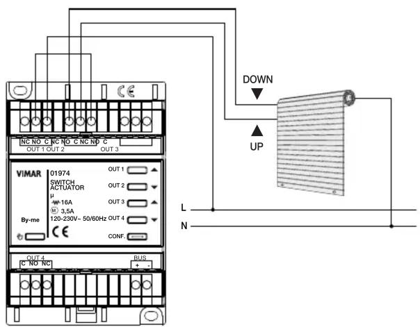 INC NO C NC NO C NC NO C OUT 1 OUT 2 OUT 3 VIMAR 01974 SWITCH ACTUATOR μ -16A 3.5A 120-230V~ 50/60Hz OUT 4 By-me CONF. OUT 4 BUS C NO NC + - DOWN UP L N
