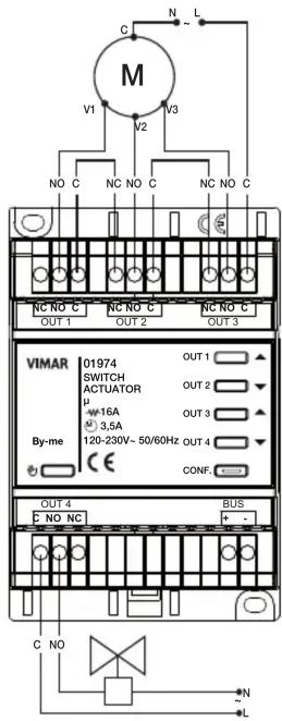 M V1 V2 V3 NO C NC NO C NC NO C OUT 1 OUT 2 OUT 3 VIMAR 01974 SWITCH OUT 1 ACTUATOR μ OUT 2 W-16A OUT 3 3.5A 120-230V-50/60Hz OUT 4 By-me CE CONF. OUT 4 BUS C NO NC C NO N L