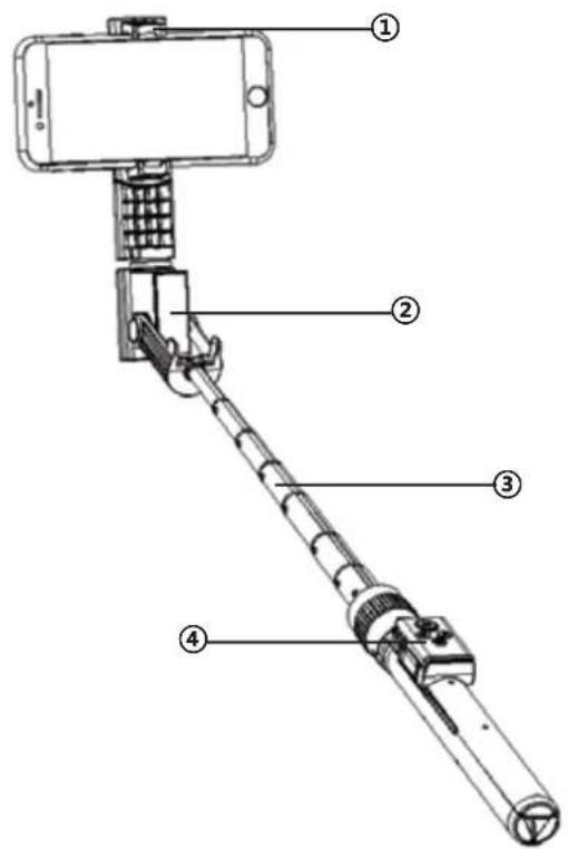 Diagram of a selfie stick with numbered parts for identification
