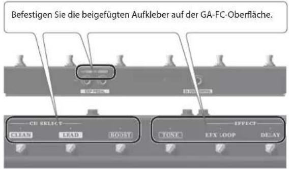 Befestigen Sie die beigefügten Aufkleber auf der GA-FC-Oberfläche. CH SELECT CLEAN LEAD HOODST TONE EFX LOOP DELAY EFFECT