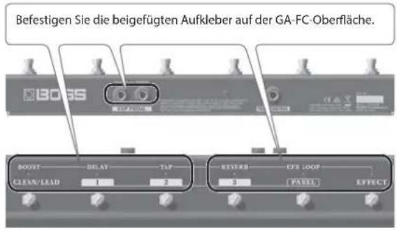 Befestigen Sie die beigefügten Aufkleber auf der GA-FC-Oberfläche. BOOST GREEN EFFECT BEVERB PANEL CLEAN/LEAD 1 2 3 4 5 6