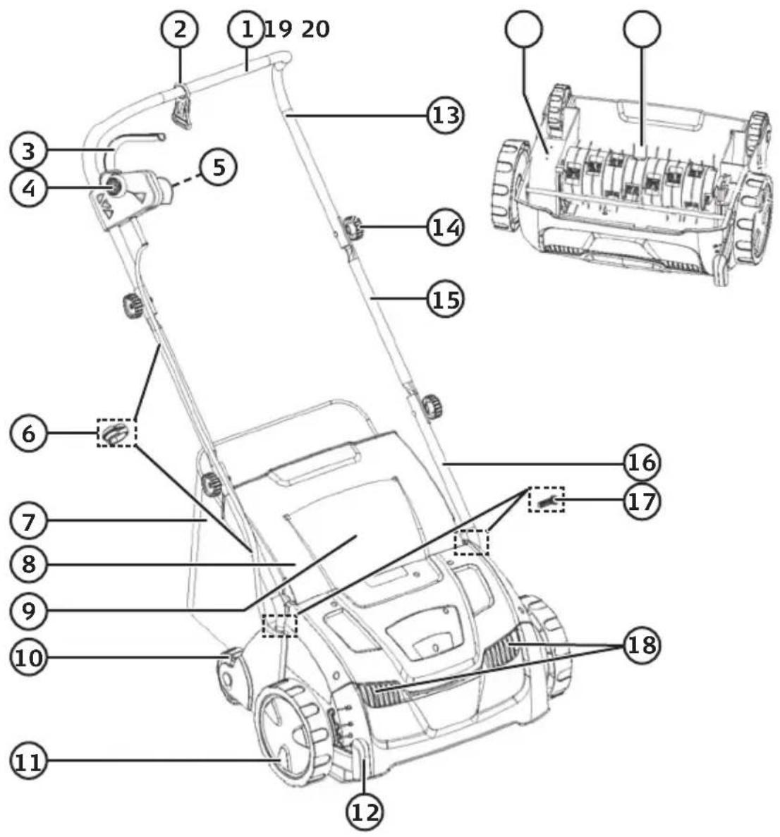 Technical diagram of a lawn mower with numbered parts and exploded view, showing mechanical components and assembly details.
