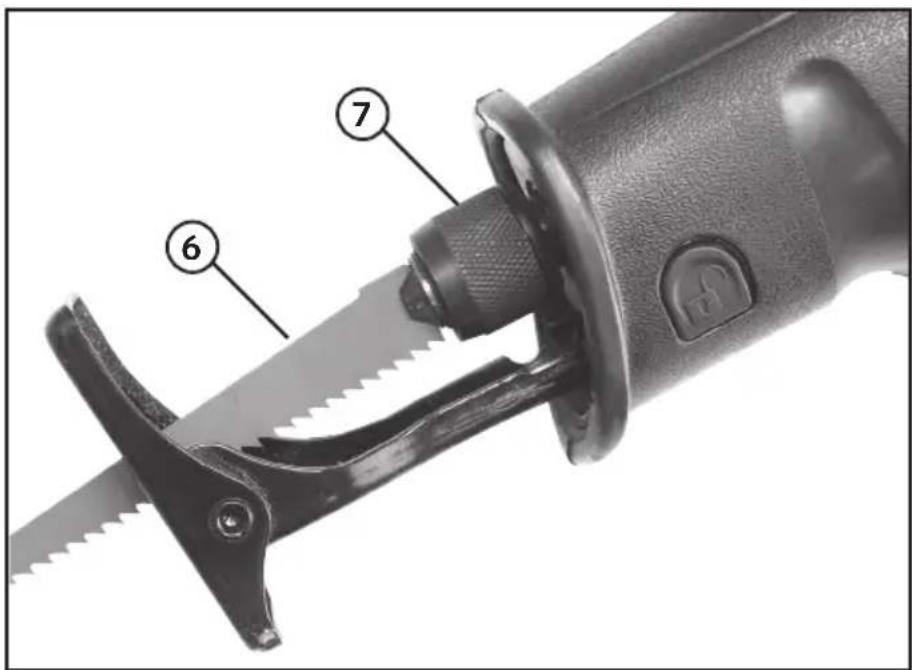 Labeled diagram of a mechanical tool showing three numbered parts: cutting edge, fastener blade, and fastener blade with handle.