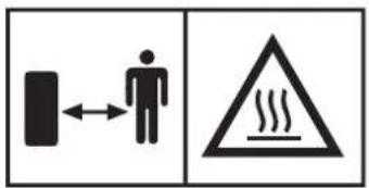 Safety warning sign showing a person moving a door with a double-headed arrow and a warning triangle indicating heating.