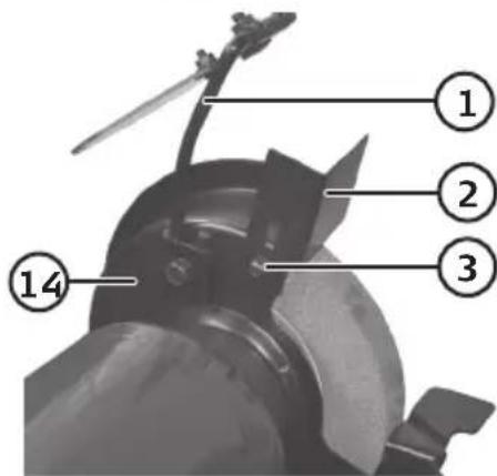 Labeled diagram of a mechanical device with numbered parts 1, 2, and 3 pointing to different components.