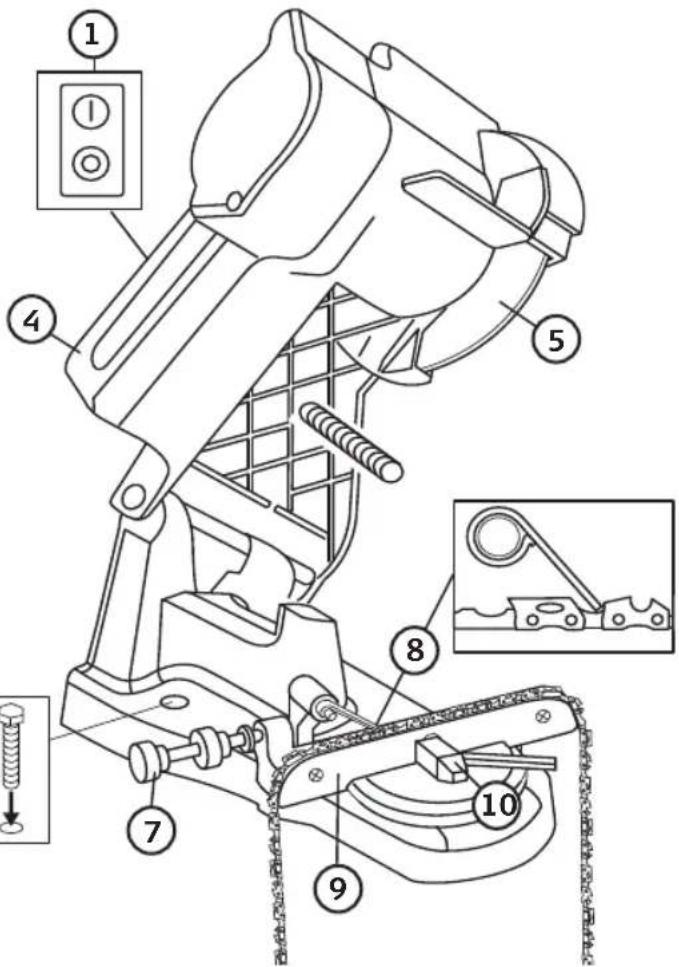 Technical diagram of a mechanical device with numbered components and an inset close-up view showing internal structure.
