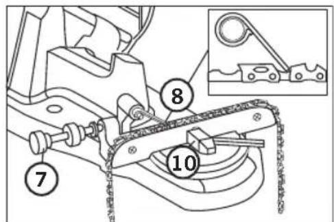 Technical diagram of a mechanical linkage system with numbered components and an inset showing a chain link mechanism.