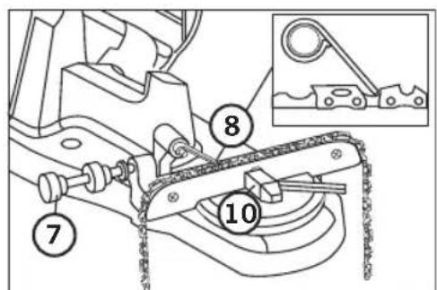 Technical diagram of a mechanical assembly with numbered components and an inset showing a chain link mechanism.