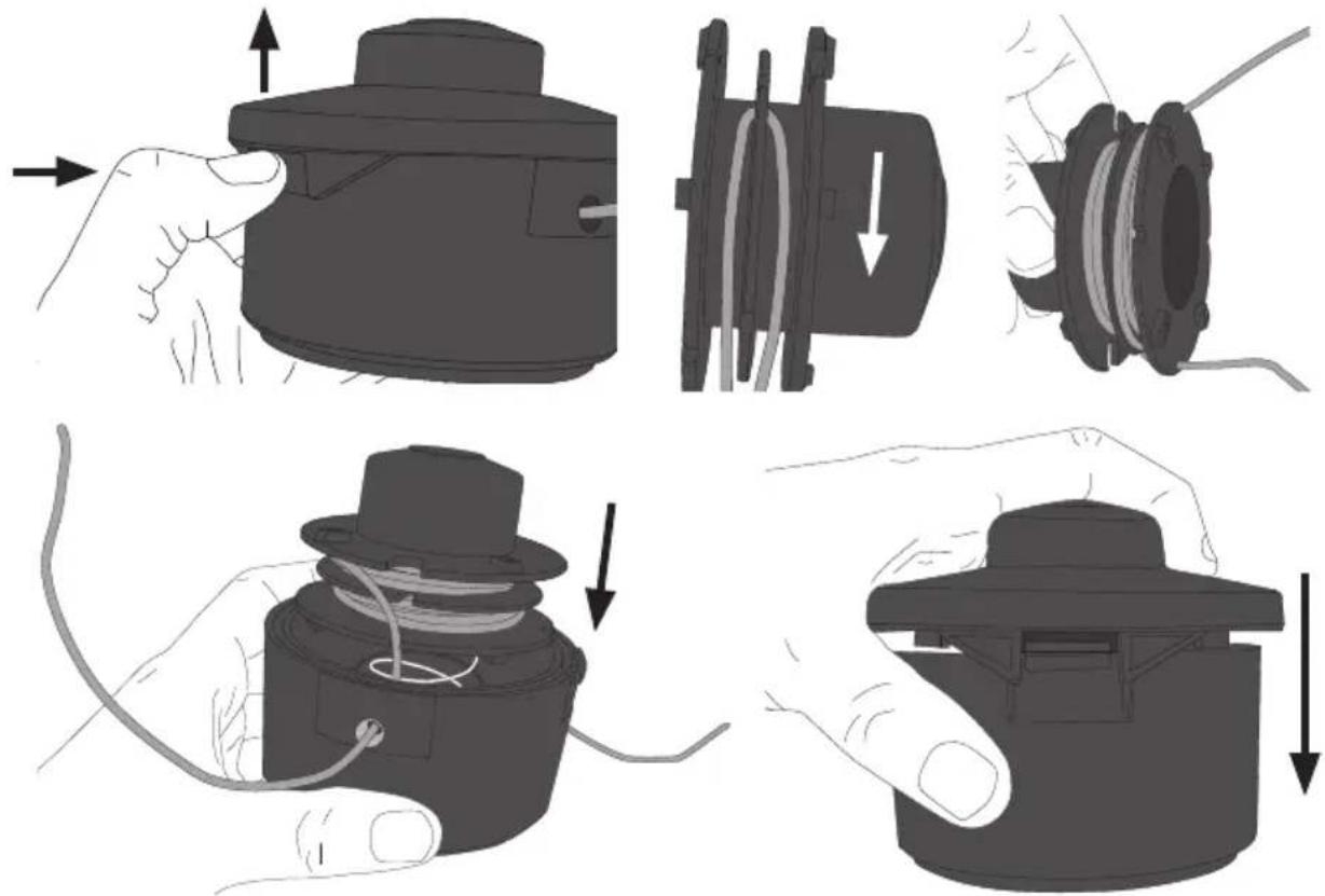 Technical diagram illustrating the steps of a mechanical assembly with labeled parts and directional arrows indicating motion.