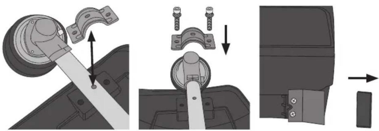 Technical diagram illustrating mechanical assembly steps with labeled components and directional arrows