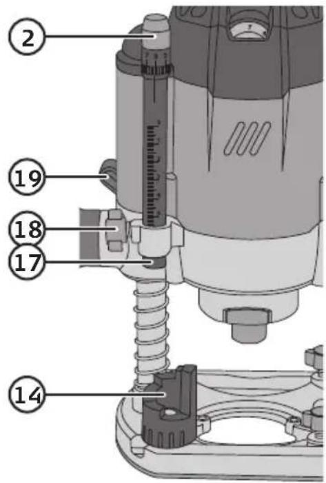 Technical diagram of a drill press with numbered parts labeled 14 to 19