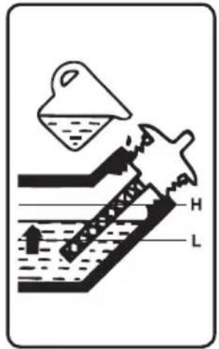 Diagram illustrating a geological or fluidic process with labeled components H and L, showing flow and structural elements.