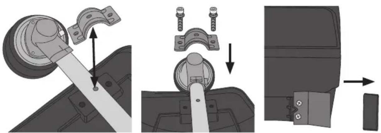 Technical diagram illustrating the assembly of a mechanical component with labeled parts and directional arrows indicating assembly steps.