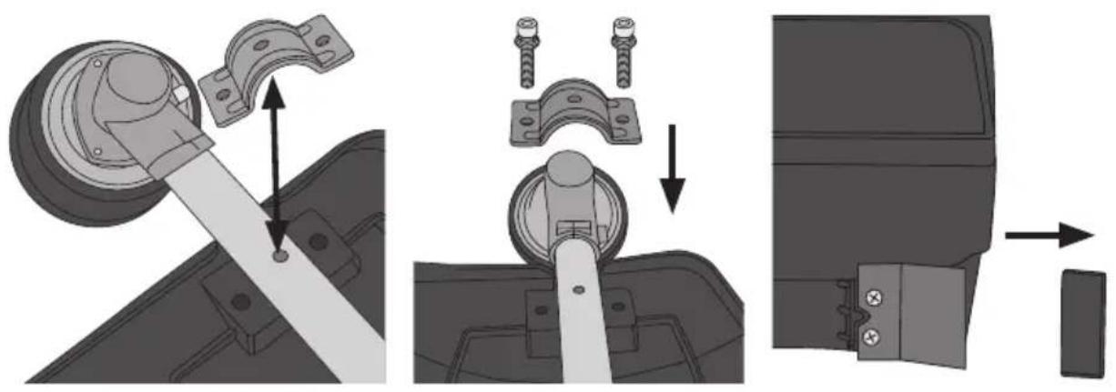 Technical diagram illustrating the assembly of a mechanical component with labeled parts and directional arrows indicating assembly steps.