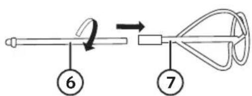 Diagram of a mechanical device with labeled parts 6 and 7, showing a lever mechanism and directional arrow.