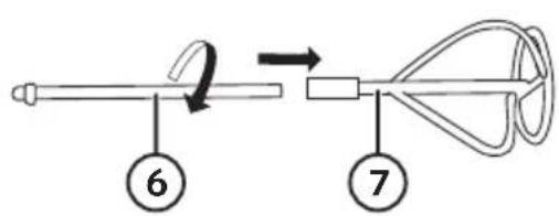 Diagram of a mechanical device with labeled parts 6 and 7, showing a lever mechanism and directional arrow.