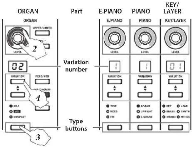 ORGAN PART E.PIANO PIANO KEY/ LAYER ORGAN UPPER/LOWER RELIT LEVEL 2 02 Variation number VARIATION PERC/MTB SPICHORUS 4 CE.3 WBS COMPACT Type buttons 3 E.PIANO PIANO KEY/LAYER LEVEL LEVEL 01 VARIATION VARIATION VARIATION TIME GRAND KEY LEAD REED UPRIGHT BRASS SYNTH FM E.GRAND STRONGS OTHER