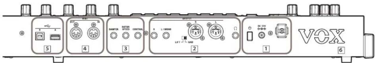 5 OUT 4 3 DAMPER R L / MOND 2 OUTPUT 1 DC 15V VOX 6