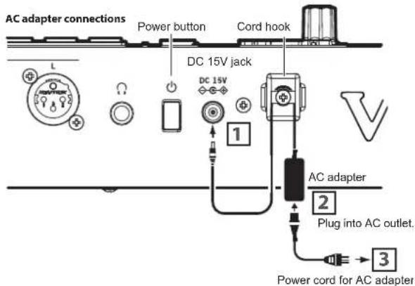 AC adapter connections Power button Cord hook DC 15V jack DC 15V 1 AC adapter 2 Plug into AC outlet. 3 Power cord for AC adapter